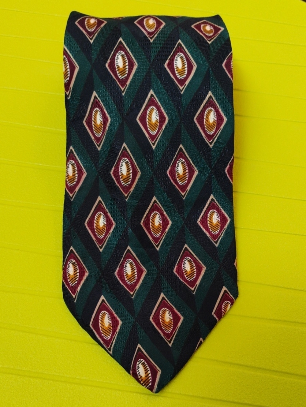 Boston Traders Dark Green Tie with Burgundy and Gold Diamond Pattern